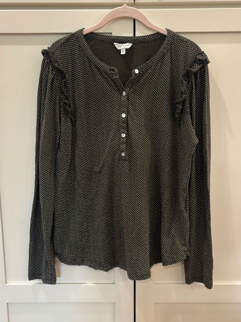 Lucky Brand Black Long Sleeve Polka Dot Ruffle Henley